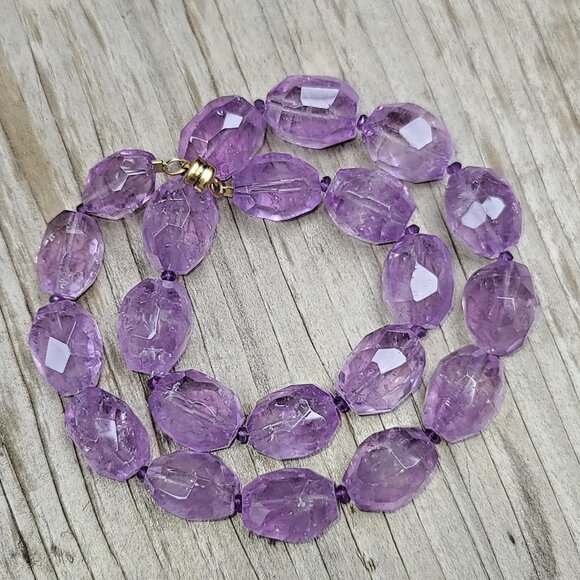 Faceted Amethyst Bead Necklace w 14k Solid Yellow Gold Magnetic Clasp 16” Long - Picture 4 of 8